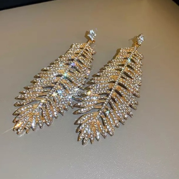 Gold Plated Feather Big Earrings - Picture 2 of 5